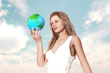 Girl holding world globe in her hands,3d illustration