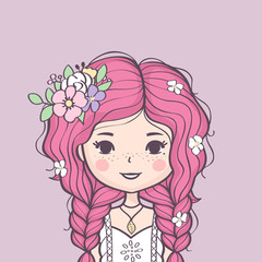 Beautiful cute summer girl with flower in her hair. Fashion girl with braids and flowers. Vector illustration