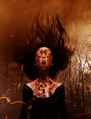 3d illustration of Ghost woman screaming in the woods,Scary background mixed media
