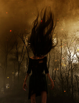 3d illustration of Ghost woman in the woods,Scary background mixed media