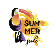 Text Summer  sale, discount banners.Tropical Toucan bird with grunge elements, ink drops, abstract background. Wild exotic animal. Vector illustration