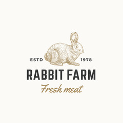 Rabbit Farm Fresh Meat Abstract Vector Sign, Symbol or Logo Template. Hand Drawn Engraving Rabbit Sillhouette Sketch with Retro Typography. Vintage Emblem.