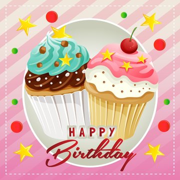 happy birthday sweet pink muffin cupcake