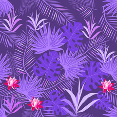 Amazing tropical plants are made in dark lilac colors.The backdrop is dark -lilac. It is a seamless pattern. Can be used for fabrics