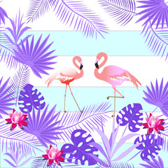 Wonderful pink flamingos.Amazing tropical plants are made in  lilac colors. The background is white in a blue strip. Seamless pattern. Can be used for fabrics..