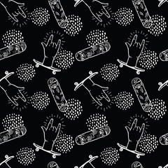 Rock n roll hands skateboarding - black and white seamless minimal pattern