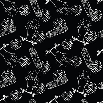 Rock n roll hands skateboarding - black and white seamless minimal pattern