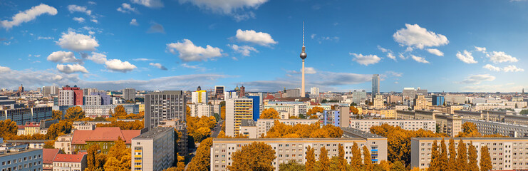Panoramic aerial view of central Berlin on a bright day in Autumn