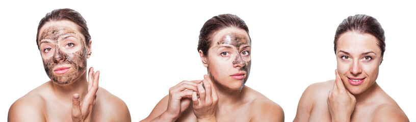 Obraz premium Three combined images of a young brunette woman using black charcoal film face mask - applying, taking off and smiling about the result