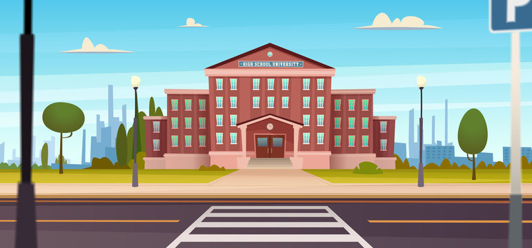  School building  with  the street. University modern concept illustration.