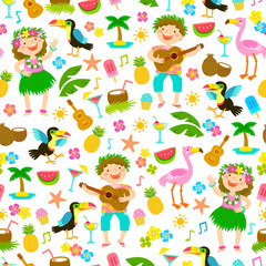 Fototapeta na wymiar Seamless pattern with kids in Hawaiian outfits and other tropical items.