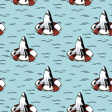 Floaty shark kids seamless pattern - sharks floating in lifesaver rings