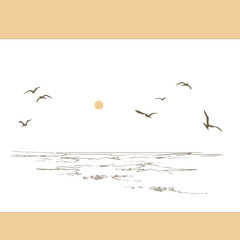 
Graphic seascape. Seagulls and waves of the ocean. Dawn and sunset on the beach. Shades of sea water.
