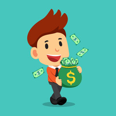 Vector cartoon happy businessman walking and carrying money bag