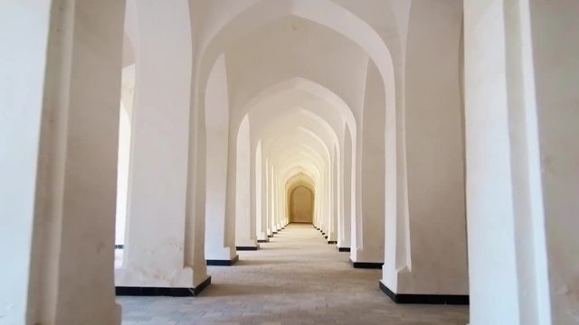 Arched hallway perspective at Mir-i-Arab medressa in Bukhara, Uzbekisan.
