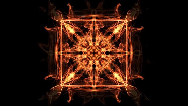 Fiery square fractal animated mandala, abstract video in orange, red and yellow, nice symmetric shape, 4k video