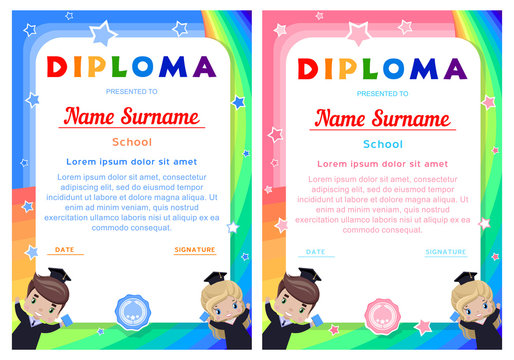 Diploma with happy graduates, girl and boy in graduation dresses and hats, rainbow, sky and stars in cartoon style background for baby announcements, photo, diploma, coupon. in two versions for a boy 