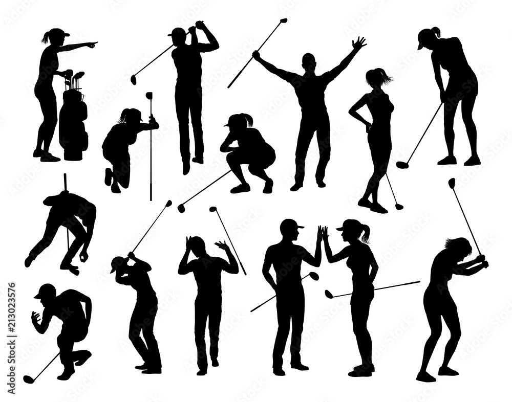 Poster golfer golf sports people silhouette set