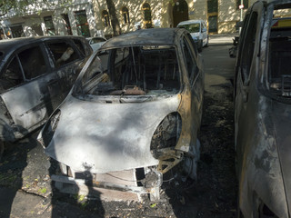 Fototapeta na wymiar Completely burnt out cars