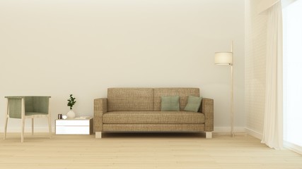  interior relax space furniture and background decoration minimal in hotel - wall empty space 3d rendering 	