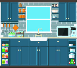 Stylish and modern kitchen with furniture and utensils. Kitchen set of dishes and cabinets, vector illustration.