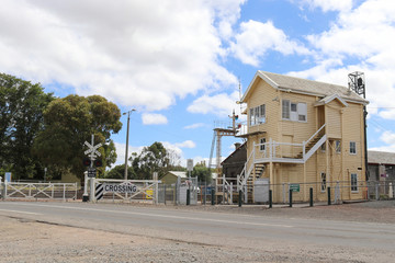 Fototapeta na wymiar KYNETON, AUSTRALIA - February 11, 2018: The timber signal box (1862) at the Kyneton railway station
