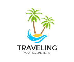 Traveling, travel, beach and palm trees on island with wave, logo template. Journey, recreation and vacation at resort and tropical islands, vector design, nature illustration