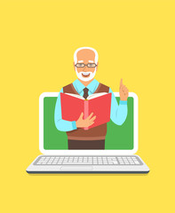 Fototapeta na wymiar Online education concept. Elderly man teacher holds open book and lifts a finger up to share knowledge on web. Cartoon vector illustration. Distance learning by computer. Virtual library on internet