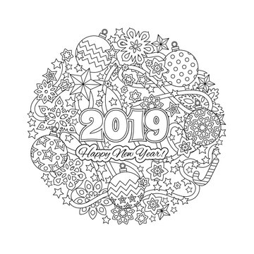 New year congratulation card with numbers 2018 on winter holiday background. Christmas mandala. Antistress coloring book for adults.