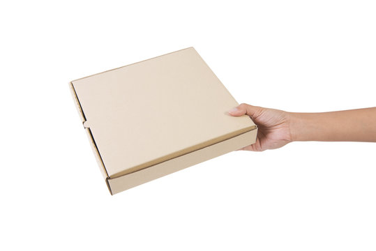 Hand Holding Cardboard Brown Paper Box For Pizza Mockup Branding.