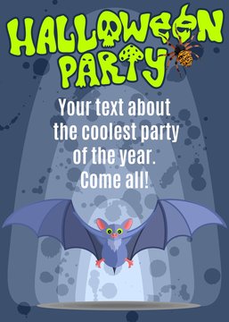 poster halloween with a blue bat that flies. Stock image vector