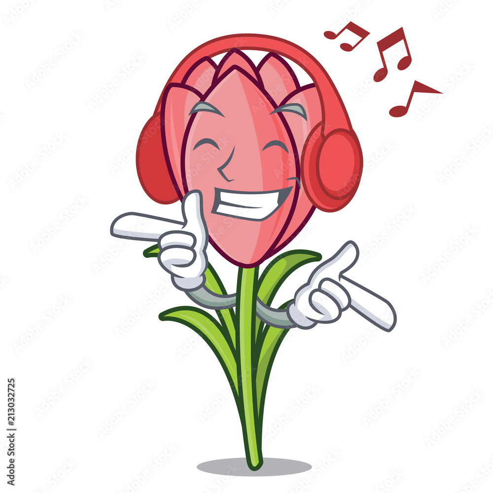 Sticker Listening music crocus flower mascot cartoon