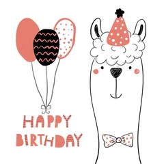 Foto auf Glas Hand drawn birthday card with cute funny llama in a party hat, balloons, lettering quote Happy birthday. Isolated objects. Line drawing. Vector illustration. Design concept for children print. © Maria Skrigan