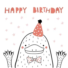 Foto op Aluminium Hand drawn birthday card with cute funny platypus in a party hat, lettering quote Happy birthday. Isolated objects. Line drawing. Vector illustration. Design concept for children print. © Maria Skrigan