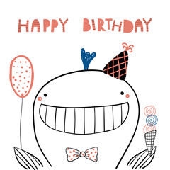 Carte d& 39 anniversaire dessinée à la main avec une jolie baleine drôle dans un chapeau de fête, un ballon, une glace, une citation de lettrage Joyeux anniversaire. Objets isolés. Dessin au trait. Illustration vectorielle. Concept de design pour les enfa