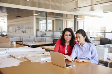 Two female architects using a laptop in an open plan office
