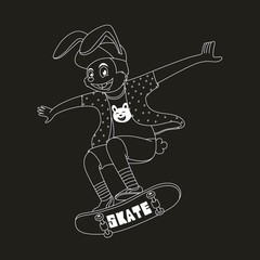 cartoon rabbit are playing skateboard with cool style in black background