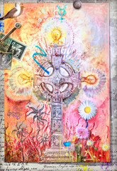 Croix celtique mystique avec des fleurs colorées et des symboles alchimiques
