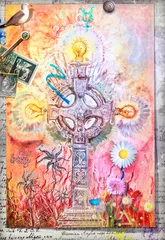 Poster Mystisches keltisches Kreuz mit farbigen Blumen und alchemistischen Symbolen © Rosario Rizzo