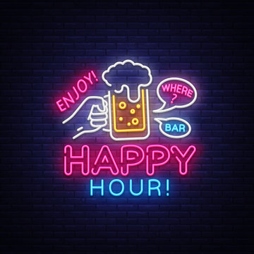 Happy Hour neon sign vector. Happy Hour Design template neon sign, Night Dinner, celebration light banner, neon signboard, nightly bright advertising, light inscription. Vector illustration