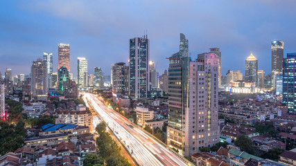 Aerial View of Yanan Rd, Jingan district, Shanghai in the evening on a cloudy day