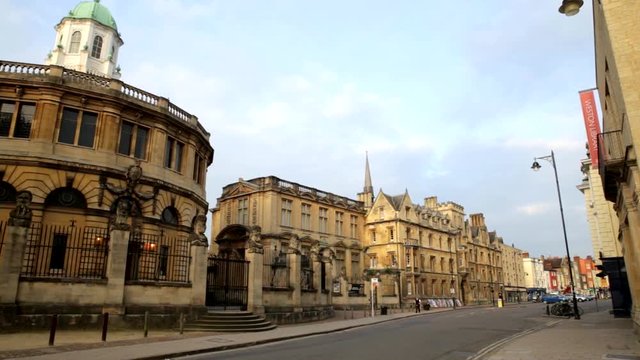 Broad Street Oxford looking west to Exeter College with Sheldonian Theatre, Museum of History of Science, Weston Library and shops