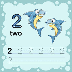 Educational illustration to learn how to count and write a number two.  Worksheet for kindergarten and preschool. Shark