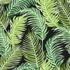 Tropic plants floral seamless jungle pattern. Print vector background of fashion summer wallpaper palm leaves in bright black and green style