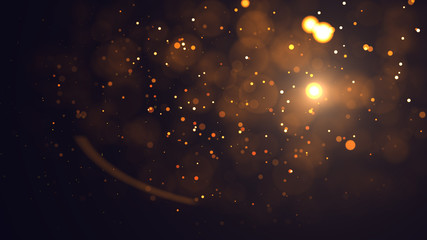 Gold abstract bokeh background. real backlit dust particles with real lens flare. glitter lights . Abstract Festivevintage lights defocused. Christmas and New Year feast.