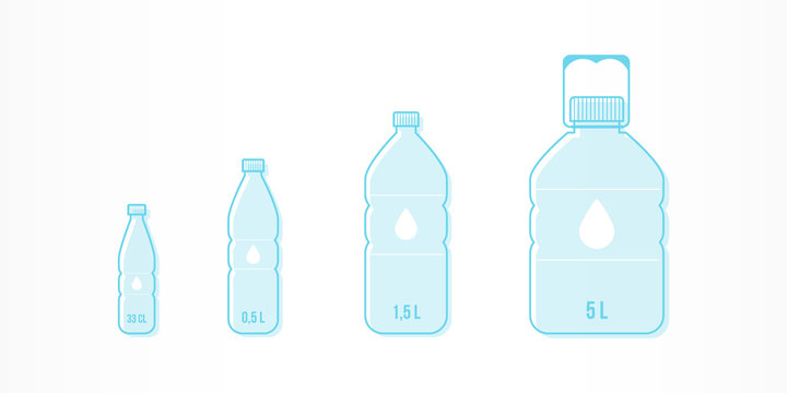 Plastic bottles with water icon set. Different sizes: 33cl, 0,5L, 1,5L, 5L. Vector illustration, flat design