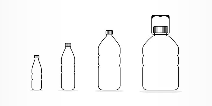 Plastic bottles with water icon set. Different sizes. Black outline. Vector illustration, flat design