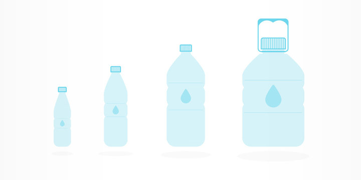 Plastic bottles with water icon set. Different sizes. Vector illustration, flat design
