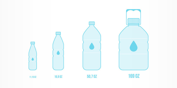 Plastic bottles with water icon set. Different sizes: 11,15oz, 16,9oz, 50,7oz, 169oz. Vector illustration, flat design