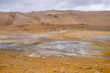 Hot springs and fumaroles in Hverir near Myvatn Lake in Iceland